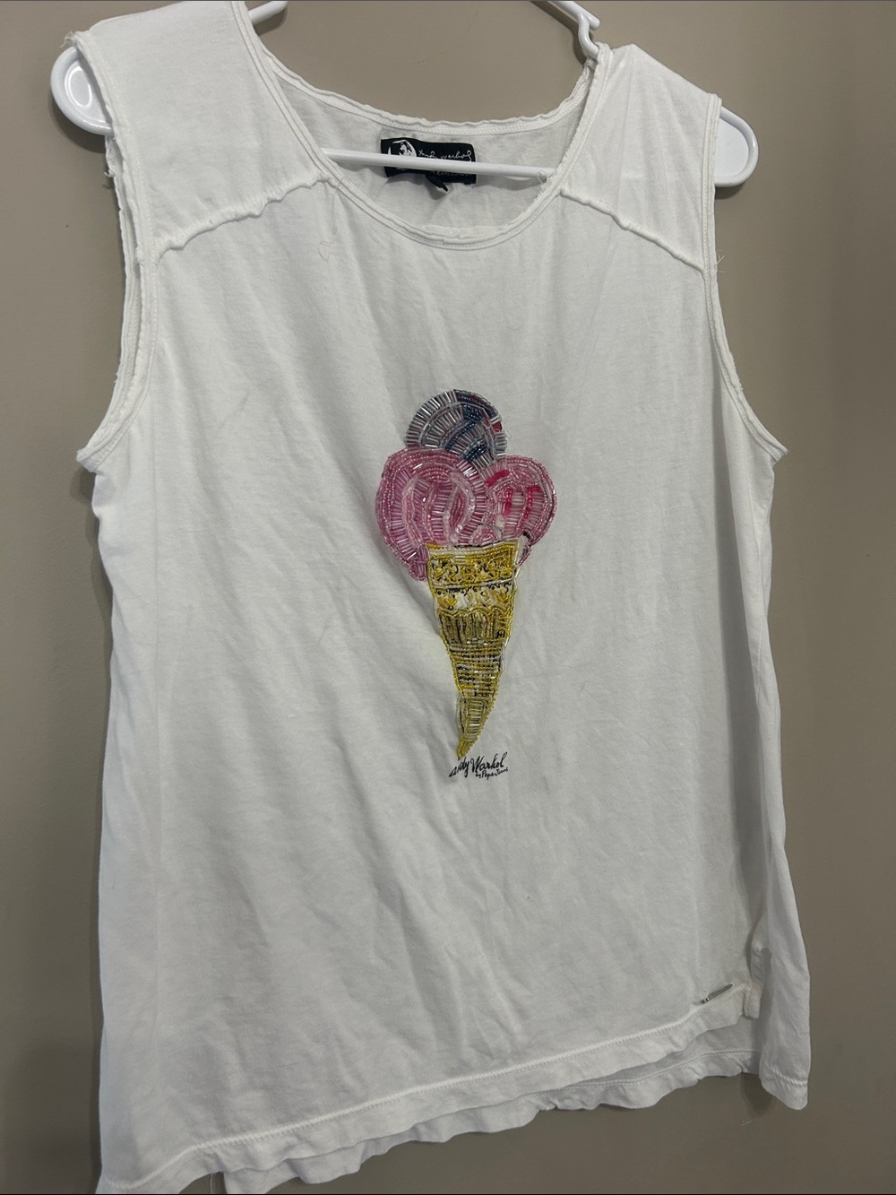 Andy Warhol by Pepe Jeans London White Tank with Sequin Pink Ice Cream Graphic